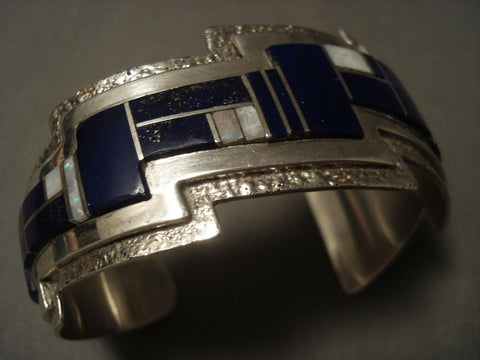 Museum Modernistic Navajo 'Lapis & Opal' Silver Lightning Bolt Bracelet