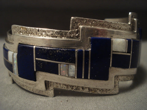 Museum Modernistic Navajo 'Lapis & Opal' Silver Lightning Bolt Bracelet