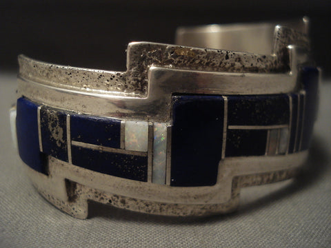 Museum Modernistic Navajo 'Lapis & Opal' Silver Lightning Bolt Bracelet