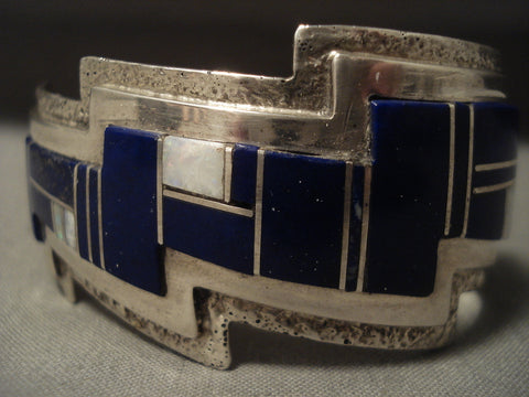 Museum Modernistic Navajo 'Lapis & Opal' Silver Lightning Bolt Bracelet