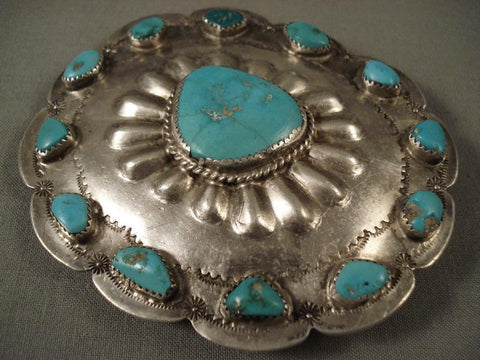 Big Old Vintage Navajo Repoussed Silver Turquoise Buckle