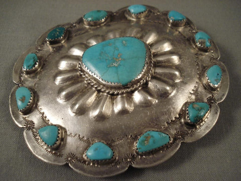 Big Old Vintage Navajo Repoussed Silver Turquoise Buckle