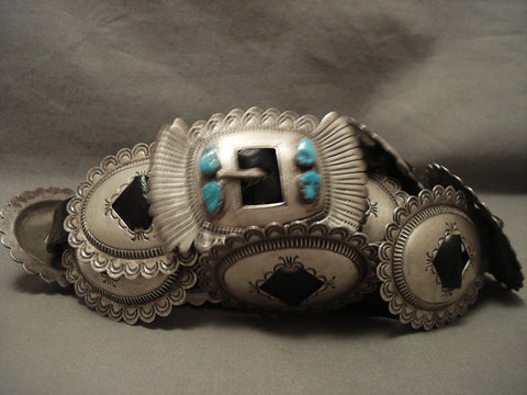 295 Grams Vintage Navajo Hammered Sterling Silve Turquoise Concho Belt