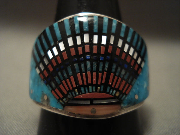 Extreme Inlay Vintage Navajo Turquoise Coral Silver Ring