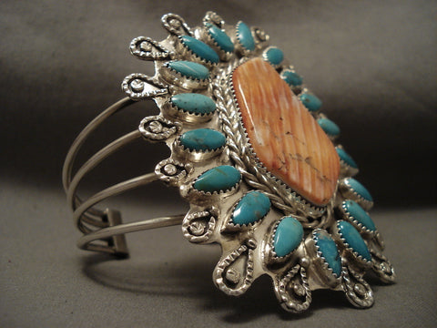 One Of The Finest Vintage Navajo Turquoise Spiny Oyster Silver Bracelet