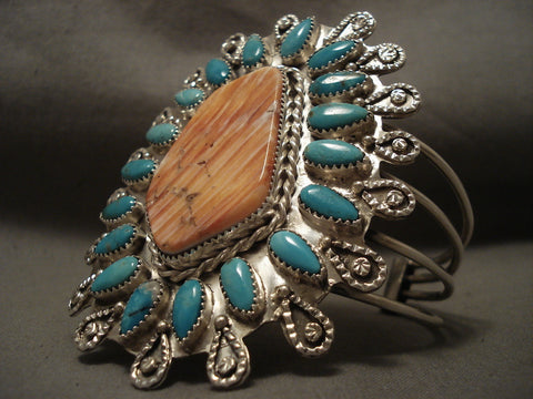 One Of The Finest Vintage Navajo Turquoise Spiny Oyster Silver Bracelet