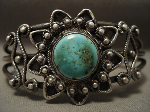 Opulent 1930's Vintage Navajo Twist Shank Natural Green Turquoise Bracelet