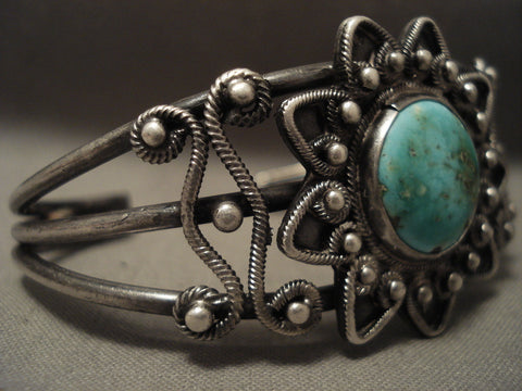 Opulent 1930's Vintage Navajo Twist Shank Natural Green Turquoise Bracelet