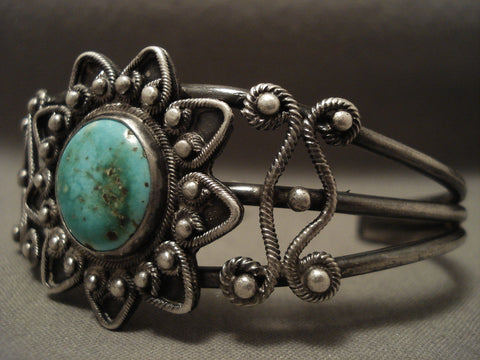 Opulent 1930's Vintage Navajo Twist Shank Natural Green Turquoise Bracelet