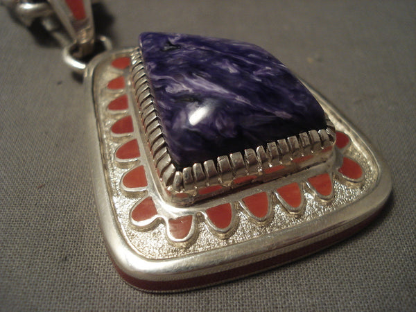 Important Vintage Navajo Vernon Haskie Charoite Coral Silver Necklace