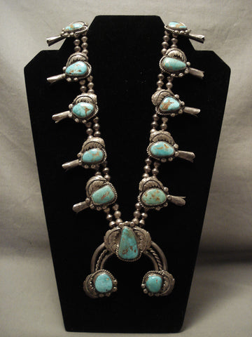 Opulent Vintage Navajo Natural Royston Turquoise Squash Blossom Necklace