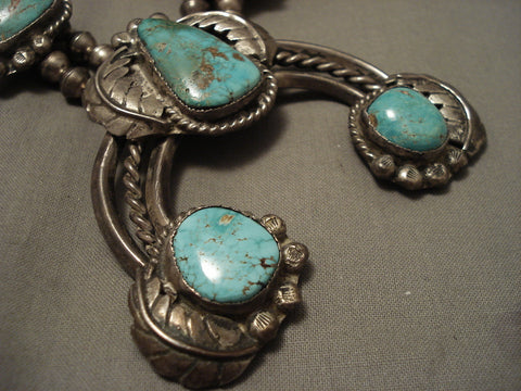 Opulent Vintage Navajo Natural Royston Turquoise Squash Blossom Necklace