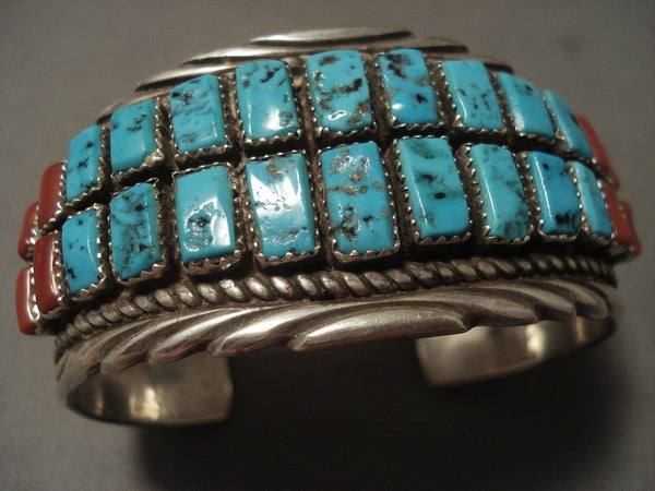 Important Vintage Navajo Turquoise Coral 'Stepping Stone' Silver Bracelet