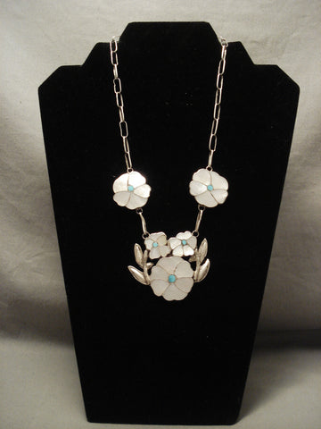 Cute Vintage Zuni 'Pearl Flower' Turquoise Silver Necklace