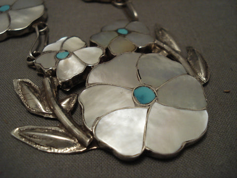 Cute Vintage Zuni 'Pearl Flower' Turquoise Silver Necklace