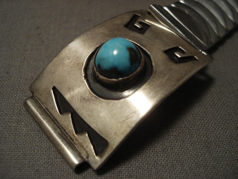 High Grade Natural Bisbee Turquoise Vintage Navajo Silver Watch Bracelet