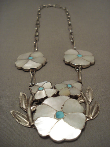 Cute Vintage Zuni 'Pearl Flower' Turquoise Silver Necklace