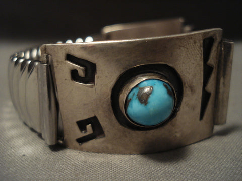 High Grade Natural Bisbee Turquoise Vintage Navajo Silver Watch Bracelet