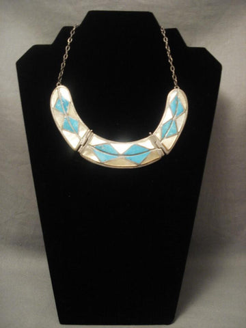 Hvy And Very Old Vintage Zuni Turquoise Pearl Inlay Silver Necklace