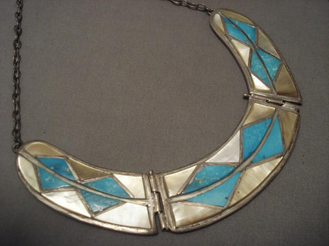 Hvy And Very Old Vintage Zuni Turquoise Pearl Inlay Silver Necklace