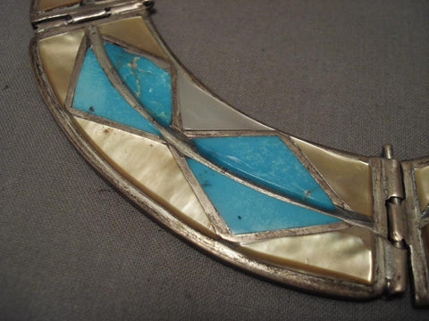 Hvy And Very Old Vintage Zuni Turquoise Pearl Inlay Silver Necklace