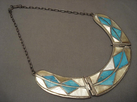 Hvy And Very Old Vintage Zuni Turquoise Pearl Inlay Silver Necklace