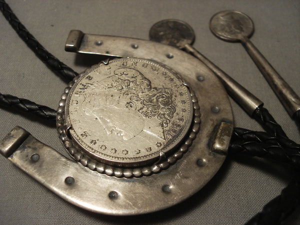 Huge Vintage Navajo Coin Silver Horseshoe Bolo Tie