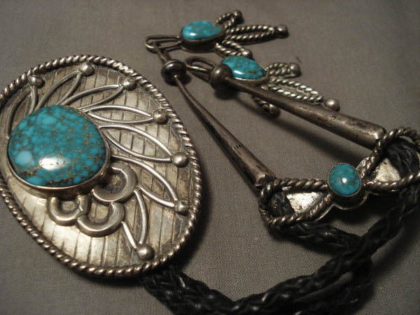 High Grade Blue Carico Lake Turquoise Vintage Navajo Silver Bolo Tie