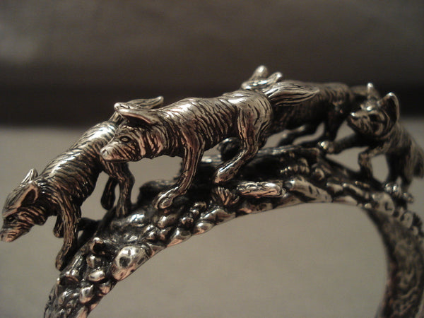 Sculptural Museum Vintage Navajo 'Wolf Pack' Silver Bracelet