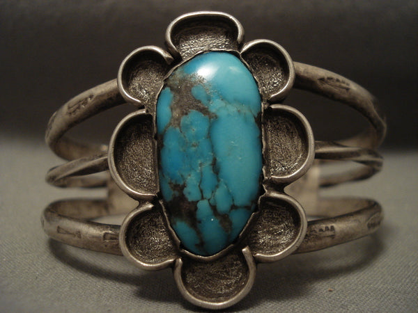 Stunning Vintage Navajo Bisbee Turquoise Flower Silver Bracelet Jewelry