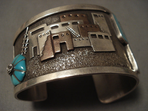 Advanced Silver Work Vintage Navajo 'Pueblo' Turquoise Cactus Silver Bracelet