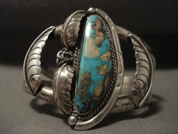 Very Rare Vintage Navajo 'Green Pilot Mountain' Turquoise Silver Bracelet