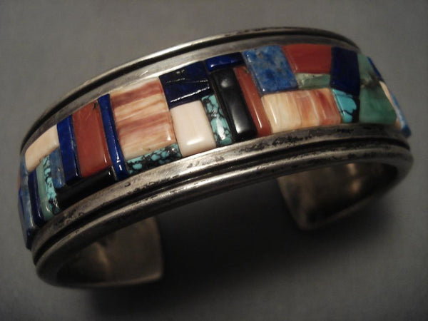 Important Old Navajo inlay Genius Silver Bracelet