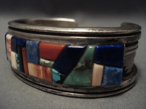 Important Old Navajo inlay Genius Silver Bracelet