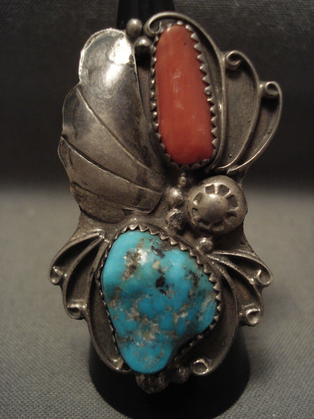 Huge Vintage Navajo Turquoise Coral Silver Leaf Ring