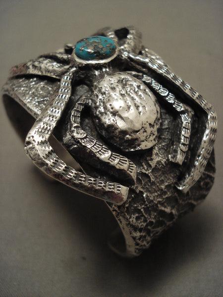 Spider Hand Hammered Vintage Navajo Morenci Turquoise Silver Bracelet