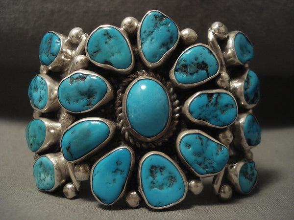 Important Vintage Navajo 'Turquoise Sun' Silver Bracelet
