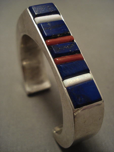 Important Famous Vintage Zuni Ric Laselute Lapis Coral Silver Bracelet