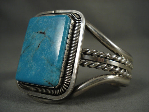 Huge Vintage Navajo 'Squared Blue Diamond Turquoise' Silver Bracelet