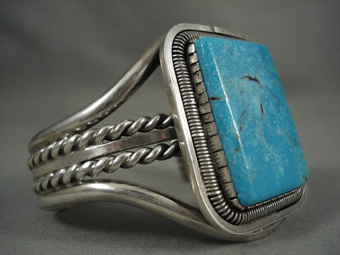 Huge Vintage Navajo 'Squared Blue Diamond Turquoise' Silver Bracelet