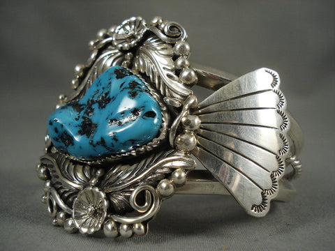 Museum Vintage Navajo 'Turquoise Pond' Silver Leaf Bracelet Old