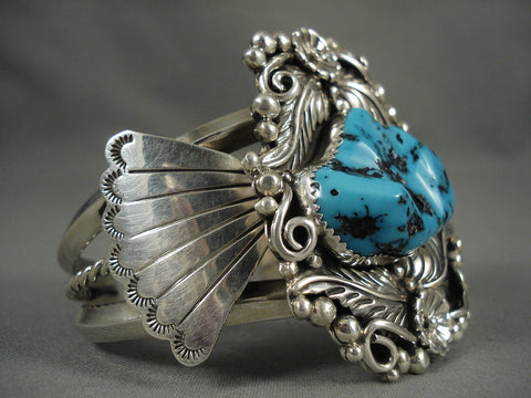 Museum Vintage Navajo 'Turquoise Pond' Silver Leaf Bracelet Old
