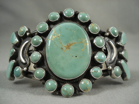 Natural Green Turquoise Sun Vintage Navajo Silver Bracelet