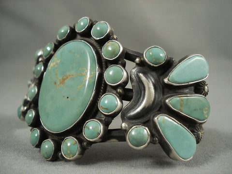 Natural Green Turquoise Sun Vintage Navajo Silver Bracelet