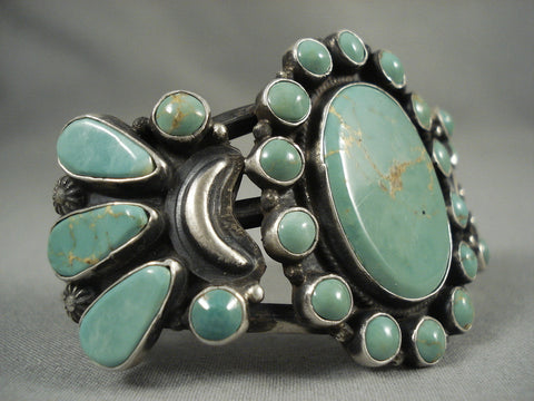 Natural Green Turquoise Sun Vintage Navajo Silver Bracelet