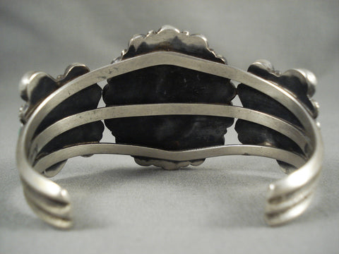 Natural Green Turquoise Sun Vintage Navajo Silver Bracelet