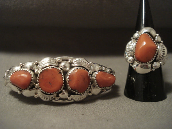 Coral Reef Chunk Vintage Navajo Silver Ring Bracelet Set