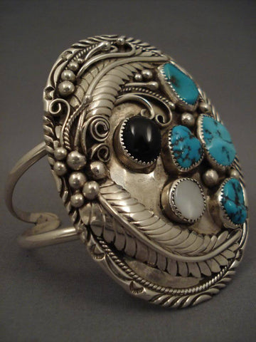 Massive Vintage Navajo/hopi Leaf Turquoise Silver Bracelet
