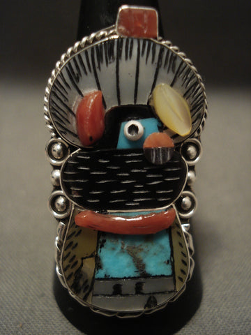 One Of The Most Intricate Ever Zuni Turquoise Coral Silver Kachina Ring