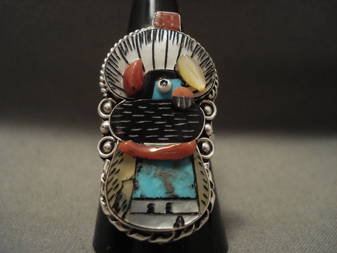 One Of The Most Intricate Ever Zuni Turquoise Coral Silver Kachina Ring